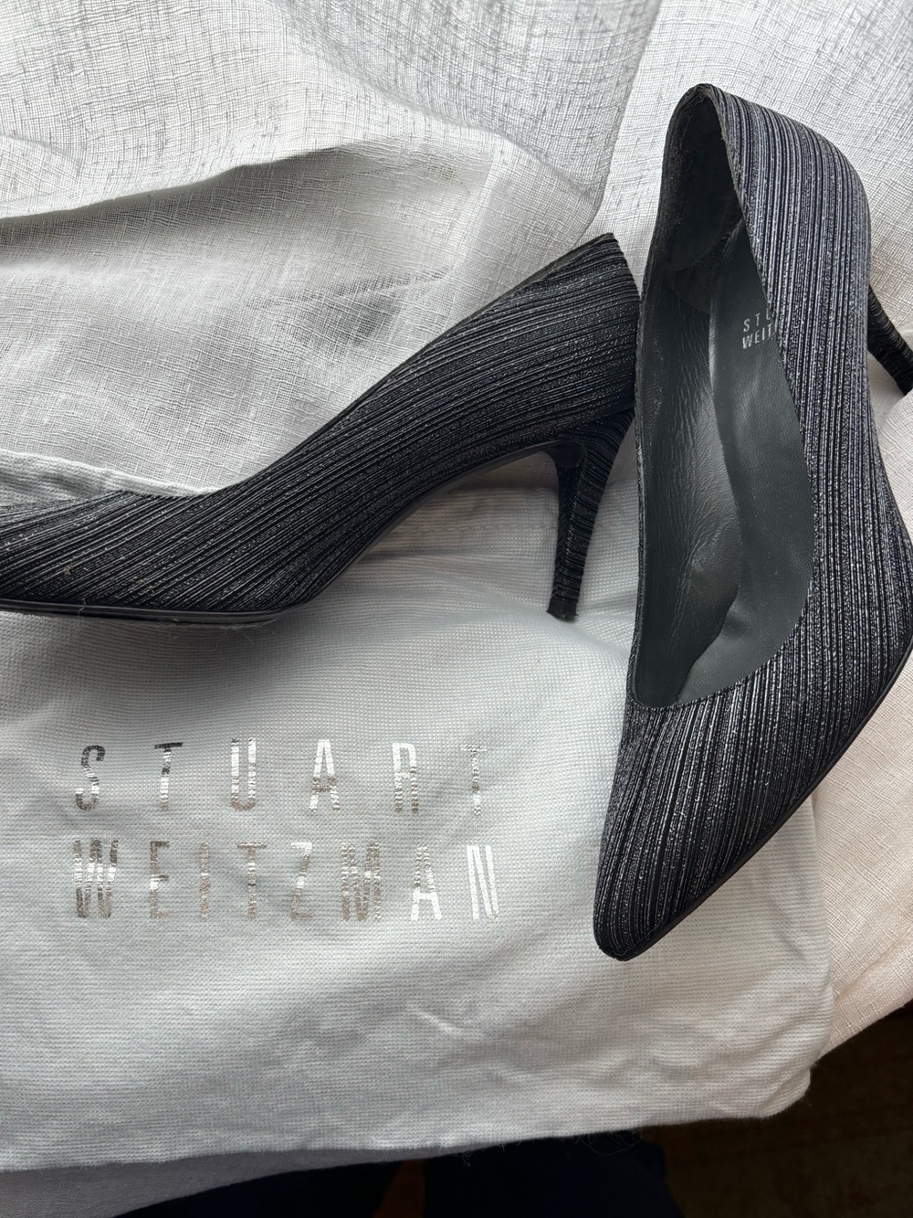 Stuart Weitzman Black Ribbed Pointed-Toe Pump